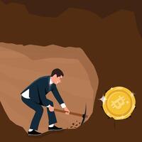 Businessman digs persistently toward a Bitcoin , Effort and reward of cryptocurrency mining. vector
