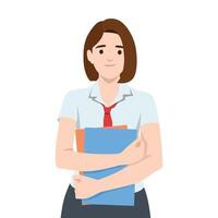 Woman in school uniform confidently holds folders, symbolizing readiness and dedication to learning. vector