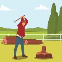 Man raises an axe to split a log on a tree stump in a peaceful rural, surrounded by cut timber. vector