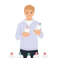 Man appears uncertain as he tries to choose between different cleaning product bottles at shopping. vector