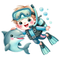 A joyful child scuba diving with a dolphin underwater. png