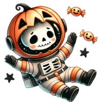 un' giocoso scheletro astronauta nel un' zucca casco galleggiante nel spazio. png