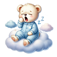 Cute bear cub yawning peacefully on a fluffy cloud. png