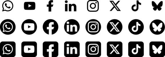 Social media logos in round, square, circular, and outline styles. vector