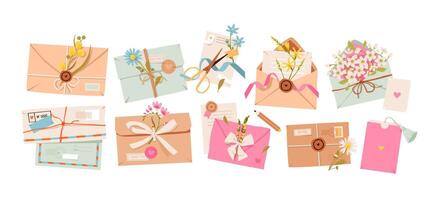 Romantic flat illustration of a decorative envelope with flowers and ribbon. Floral envelope with bouquet elements in soft pastel style. Greeting cards, invitations, or romantic mail concepts. vector