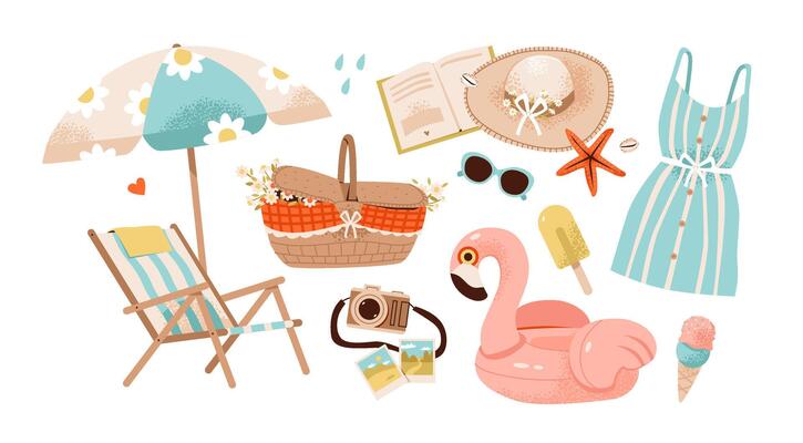 Summer vacation scene with tropical elements, beach umbrella, flamingo, and ice cream. each trip with lounger, basket, and sunglasses, perfect for a holiday or picnic. Seasonal, tropical atmosphere.