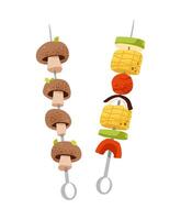 Flat illustration of grilled skewers with vegetables and mushrooms. Ideal for BBQ, picnic, or summer food concepts. vector
