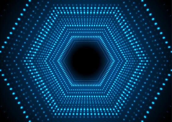 Blue neon glowing dotted linear hexagons abstract hi-tech background