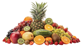 uma colorida sortimento do fresco frutas Incluindo abacaxi uvas e morangos em uma transparente fundo png
