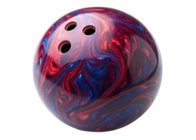 Close up of a bowling ball with red and blue swirls on a transparent background png