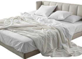 White bedding on a bed with pillows and a headboard in a bedroom setting with a soft aesthetic png