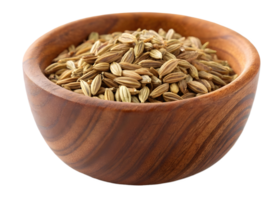 Fennel seeds in a wooden bowl close up against a plain transparent background perfect for culinary projects png