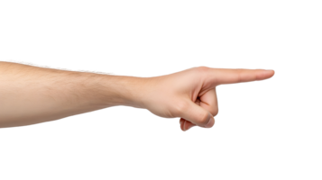 Close up of a hand pointing to the right on a transparent background for easy editing and integration png