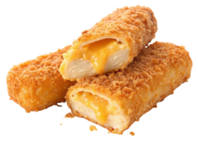 Close up of golden brown fried mozzarella sticks with cheese oozing out on a transparent background png