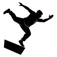 A silhouette of a man doing a trick on a skateboard vector
