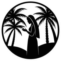 A woman in a hijab standing in front of palm trees vector