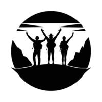 Three people standing on a mountain with their hands up vector