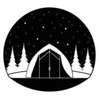 A black and white image of a tent in the woods vector
