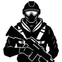 A silhouette of a man with a gun and goggles vector