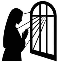 Silhouette of a woman praying in front of a window vector