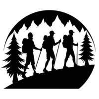 Silhouette of three hikers walking in the mountains vector