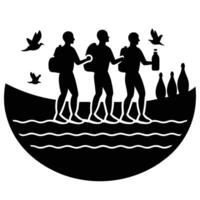 Three people with backpacks are walking on a river vector