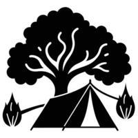 Camping tent with tree and fire vector