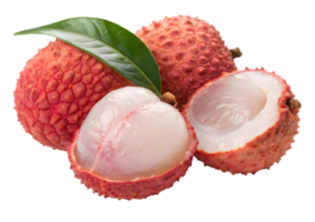 Fresh lychee fruit with green leaf and cut half showing white flesh on transparent background png