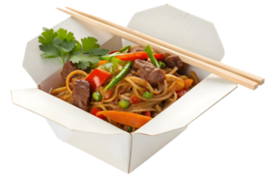Close up of beef lo mein in a white takeout container with chopsticks and parsley garnish on top on transparent background png