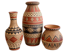 Three decorative african vases with geometric patterns on a transparent background studio shot png