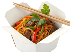 Close up of takeout box filled with stir fried noodles beef and vegetables with chopsticks on top on transparent background png