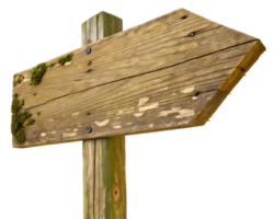 Rustic wooden signpost with moss and weathered texture pointing right for outdoor navigation concept png