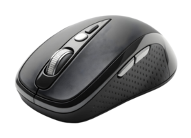 Close up of a black wireless computer mouse with silver scroll wheel on a transparent background png
