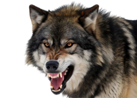 Close up of an angry gray wolf snarling with its teeth bared on a transparent background png