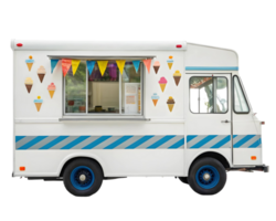 Ice cream truck with colorful pennants and ice cream cone decals for summer fun and treats concept png