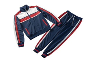 Navy blue tracksuit with white and red stripes isolated on a transparent background in a flat lay view png