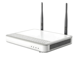 White wireless router with two antennas for home or office network connectivity and internet access png