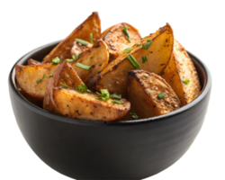 Golden potato wedges in a black bowl garnished with fresh chives on a neutral background close up view png