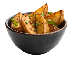 Close up of potato wedges in a dark bowl garnished with green onions on a transparent background png