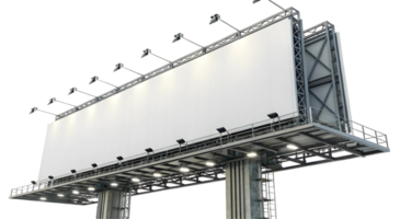 A large blank billboard with metal framework and lighting against a transparent background for advertisements png