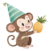 Cartoon monkey with party hat holding a pineapple on a transparent background illustration png