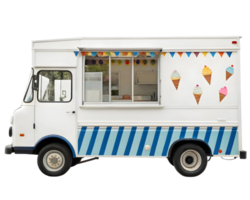ice cream truck food vendor vehicle with colorful decorations and blue stripes png