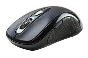 Close up of a black wireless computer mouse with a scroll wheel on a transparent background for office use png