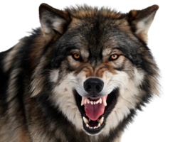 Close up of a wolf snarling with sharp teeth and intense eyes on a transparent background png