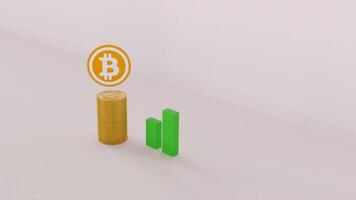 A clean animation showing Bitcoin coins beside a green bar chart and an upward arrow. This visual represents financial growth, investment trends, and rising cryptocurrency values. video