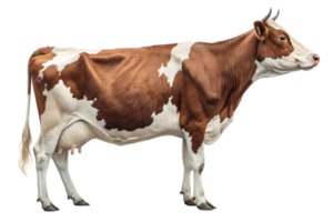 Profile view of a brown and white dairy cow standing against a transparent background png