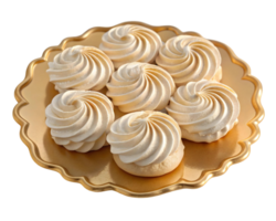 Seven meringue cookies arranged on a gold decorative plate against a transparent background png