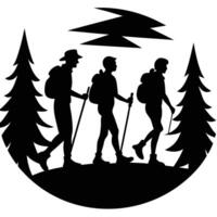 Silhouette of three hikers with backpacks walking in the woods vector