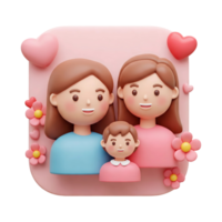 3d rendering happy family cartoon characters with pink hearts and flowers png