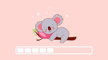 Looping animation of a cute sleeping cartoon koala on a branch with a pink pillow and progress bar on transparent background video